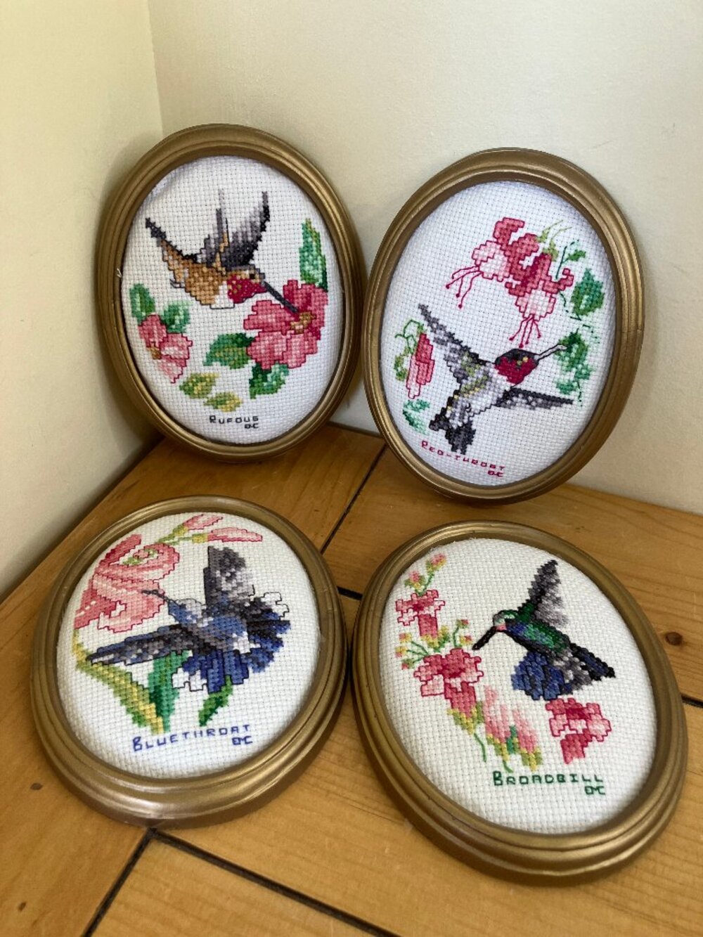Hummingbird Completed Cross Stitch Set of 4 Framed Embroidery Pictures 5.5"